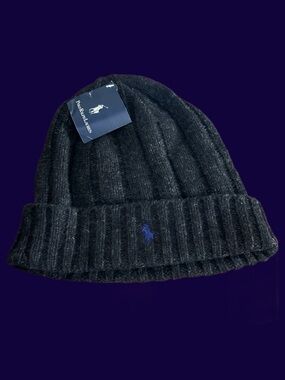 New Polo Ralph Lauren Logo Embroidered Blue Pony Mens Wool Gray Knit Beanie Cap